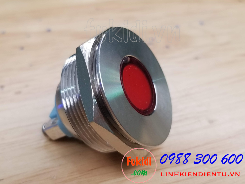 Đèn LED báo nguồn vỏ inox phi 25mm không thấm nước, điện áp 12V, màu đỏ