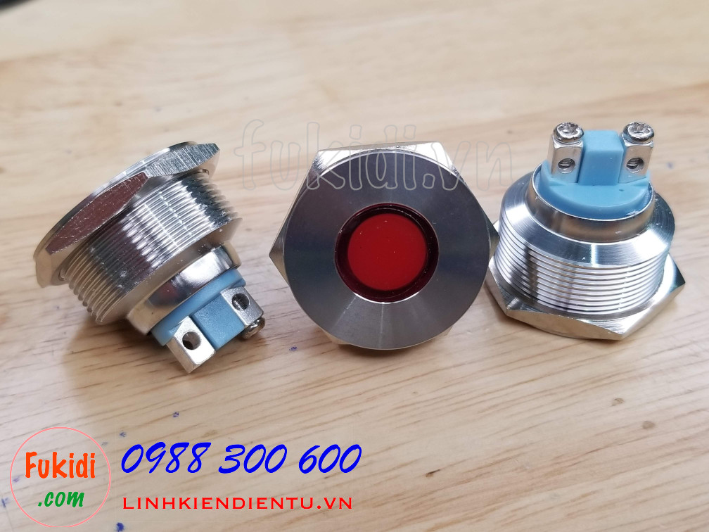 Đèn LED báo nguồn vỏ inox phi 25mm không thấm nước, điện áp 12V, màu đỏ