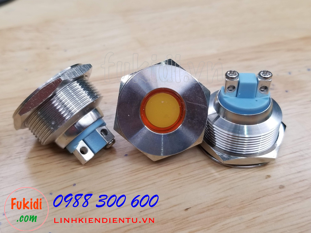 Đèn LED báo nguồn vỏ inox phi 25mm không thấm nước, điện áp 12V, màu vàng