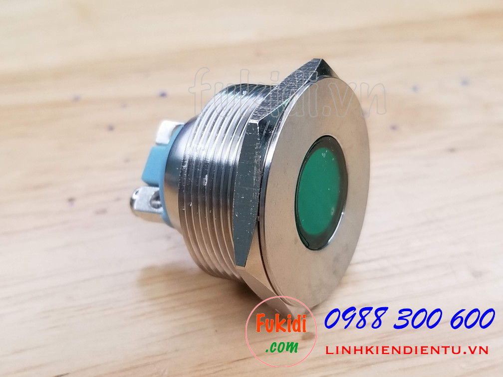 Đèn LED báo nguồn vỏ inox phi 25mm không thấm nước, điện áp 12V, màu xanh lá
