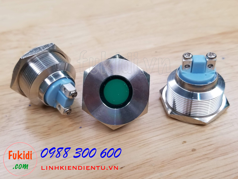 Đèn LED báo nguồn vỏ inox phi 25mm không thấm nước, điện áp 12V, màu xanh lá