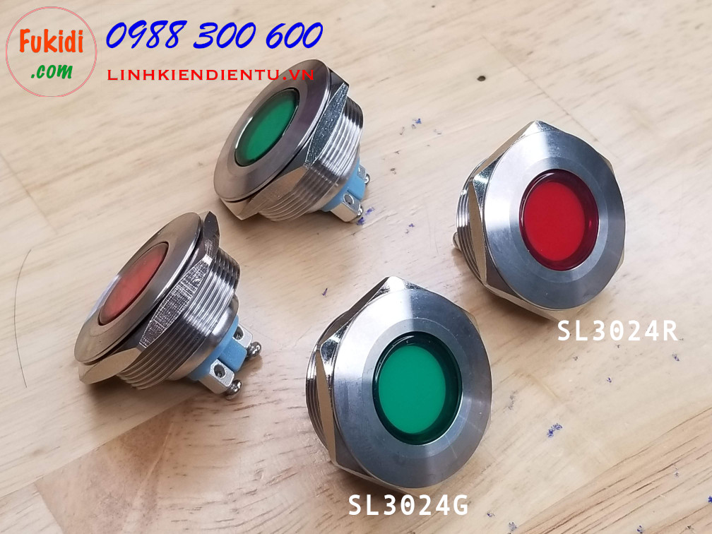 Đèn LED báo nguồn, báo tín hiệu vỏ kim loại, phi 30mm, 24V, màu xanh lá SL3024G
