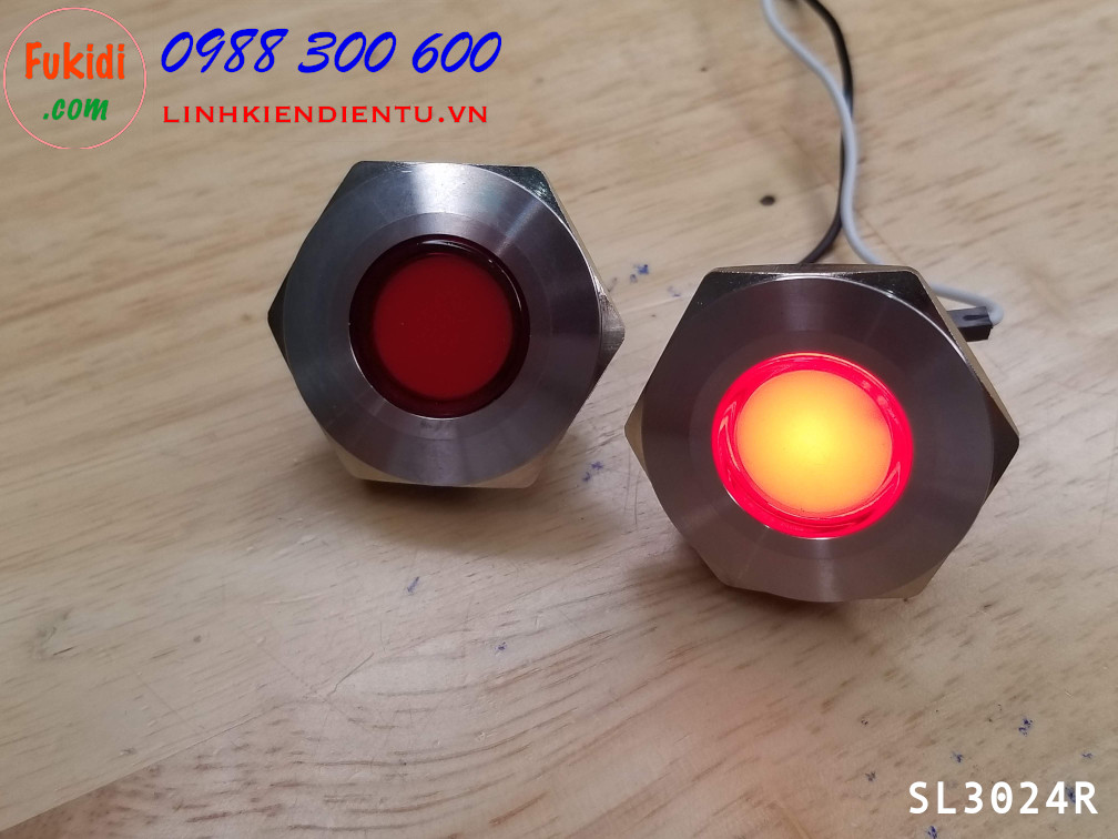 Đèn LED báo nguồn, báo tín hiệu vỏ kim loại, phi 30mm, 24V, màu đỏ SL3024R