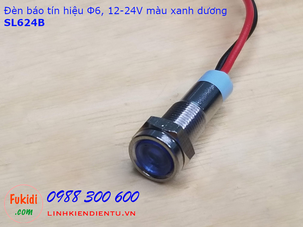 Đèn báo tín hiệu áp 12-24V, phi 6mm vỏ inox màu xanh dương SL624B