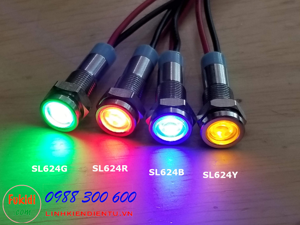 Đèn LED báo nguồn 24V, phi 6mm vỏ kim loại màu xanh lá SL624G