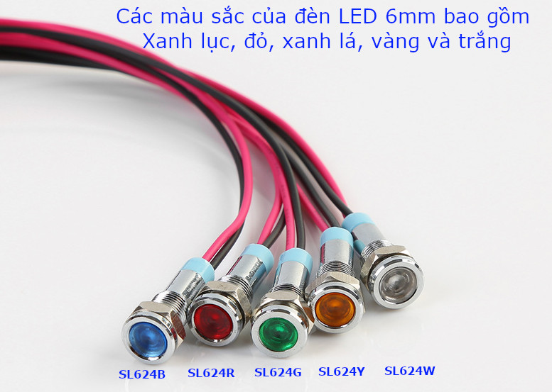 Đèn LED báo nguồn 24V, phi 6mm vỏ kim loại màu xanh lá SL624G