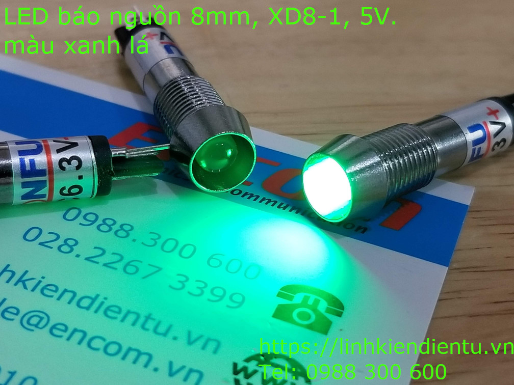 XD8-1 đèn LED báo nguồn 5v, vỏ kim loại, phi 8mm, màu xanh lá