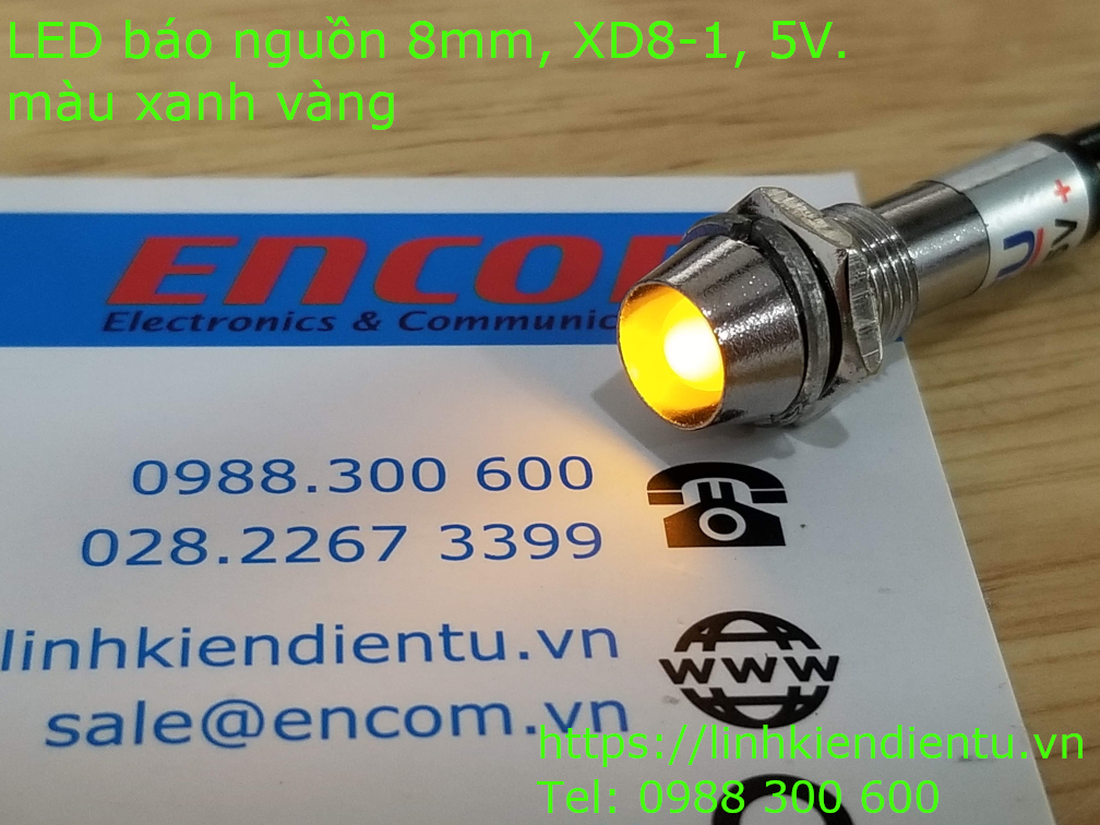 XD8-1 đèn LED báo nguồn 5v, vỏ kim loại, phi 8mm, màu vàng