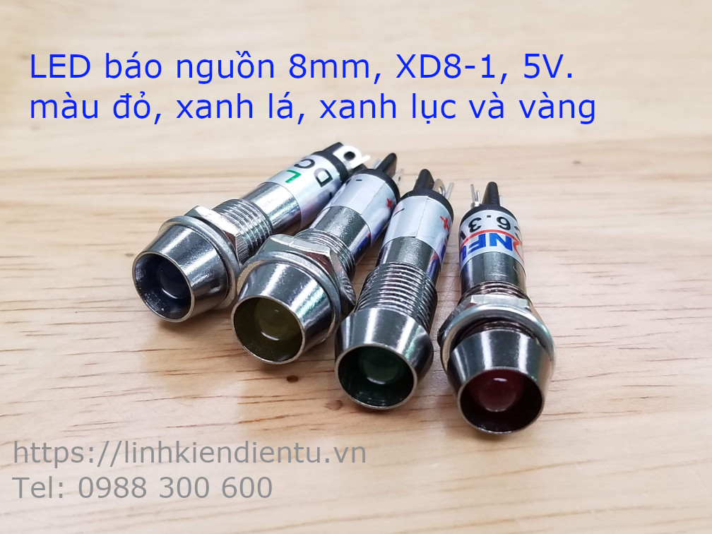 XD8-1 đèn LED báo nguồn 5v, vỏ kim loại, phi 8mm, màu vàng