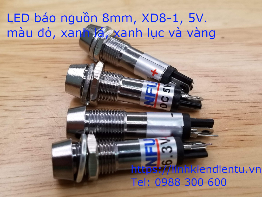 XD8-1 đèn LED báo nguồn 5v, vỏ kim loại, phi 8mm, màu xanh lá