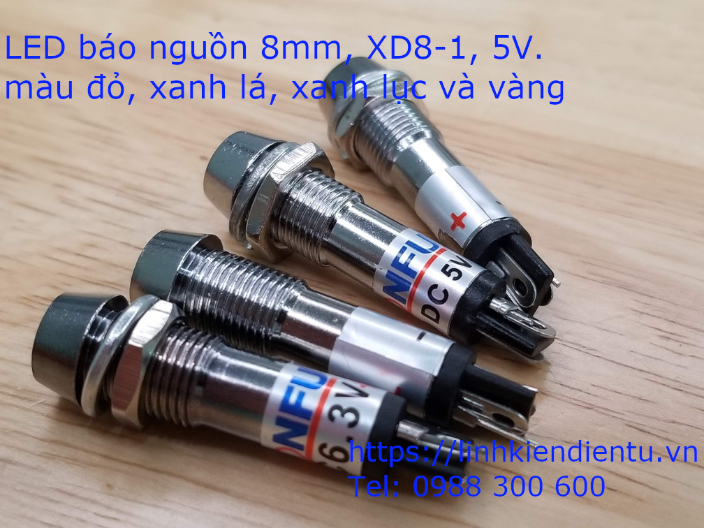 XD8-1 đèn LED báo nguồn 5v, vỏ kim loại, phi 8mm, màu vàng