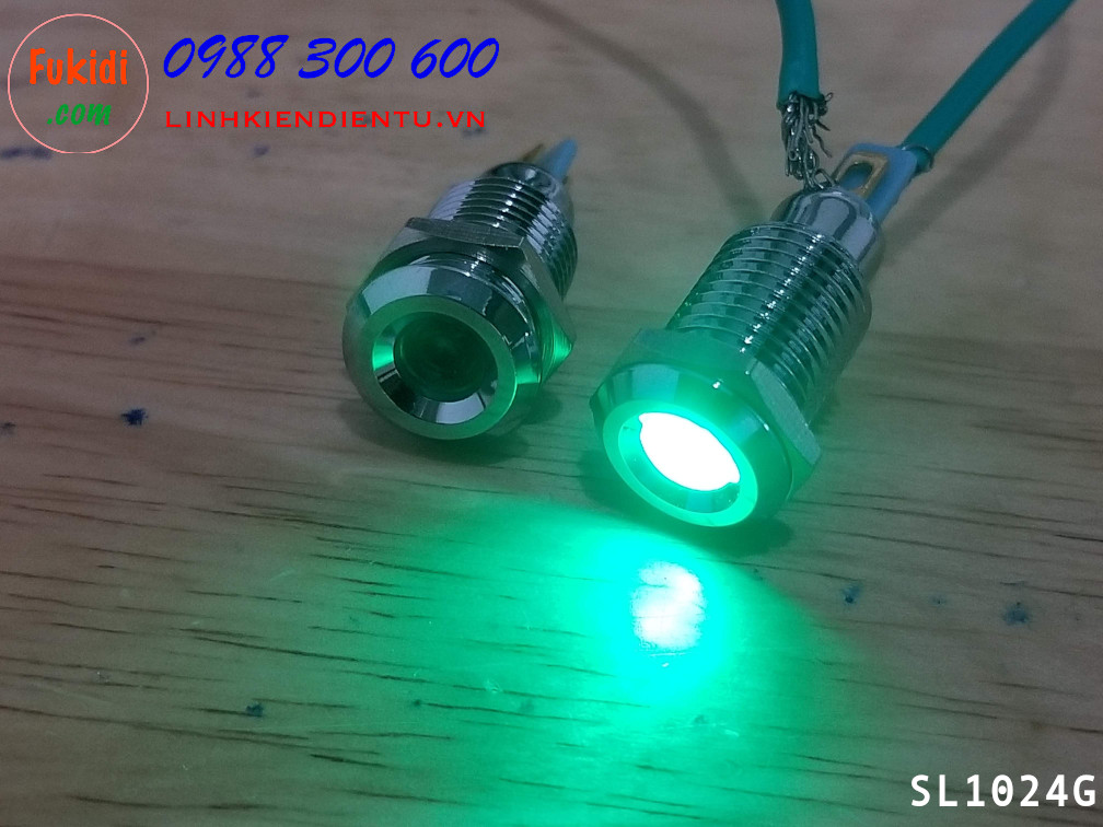 Đèn LED báo nguồn 24V, phi 10mm vỏ kim loại màu xanh lá SL1024G