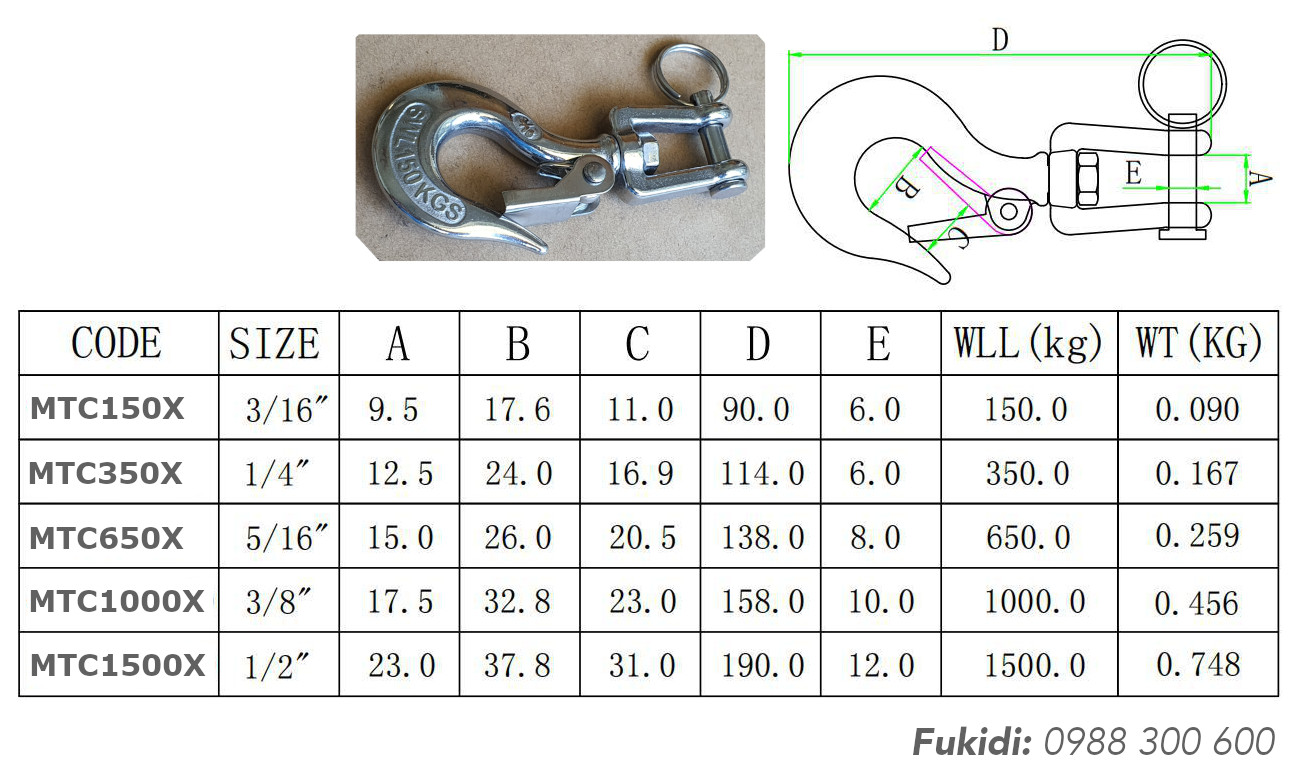 Chi tiết kích thước của các loại móc treo cùng họ là MTC150X, MTC350X, MTC650X và MTC1000X
