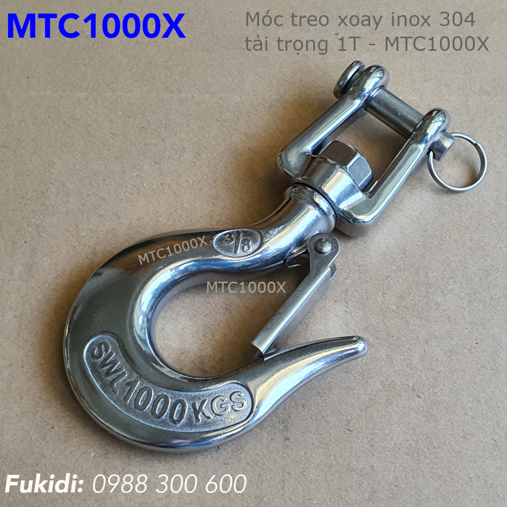 Móc cẩu tải trọng 1 tấn, inox 304, trục xoay tròn, móc cáp 23mm - MTC1000X