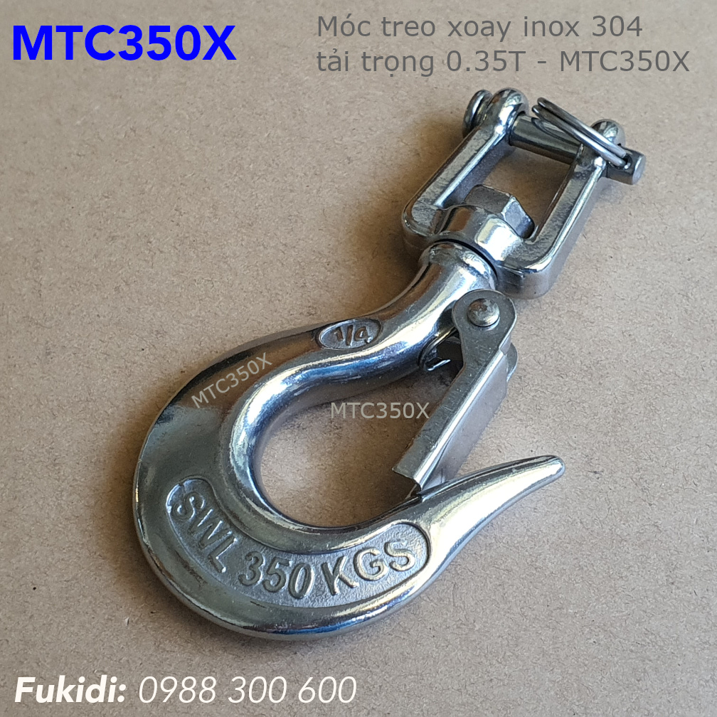 Móc cẩu inox 304 tải trọng 350kg trục xoay tròn, dùng cáp 17mm - MTC350X