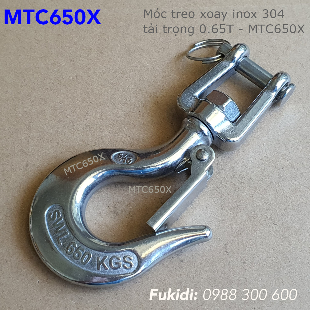 Móc treo cáp inox 304 tải 650kg trục xoay, dùng cáp 20mm - MTC650X