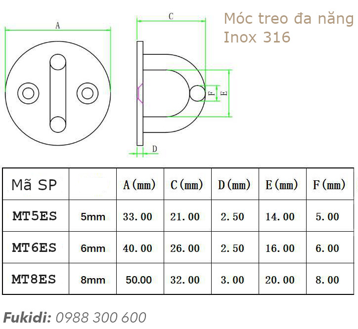 Chi tiết kích thước của ba móc treo M5, M6 và M8, tương ứng với ba mã MT5ES, MT6ES và MT8ES.