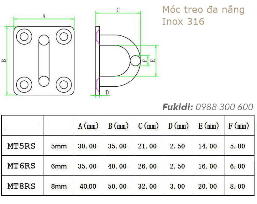 Chi tiết kích thước của móc treo đa năng inox 316 họ MT5RS, MT6RS và M*8RS