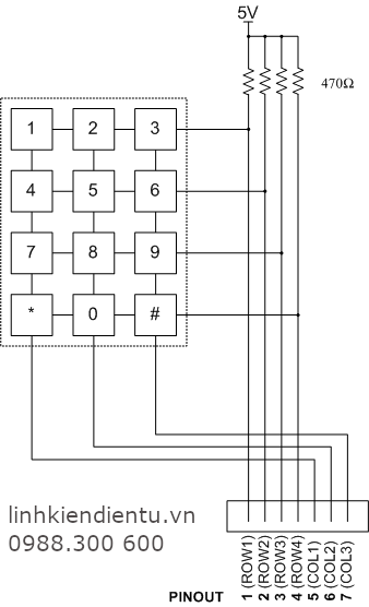 Sơ đồ nối dây của Keypad Matrix 4x3 Nhựa Dẻo