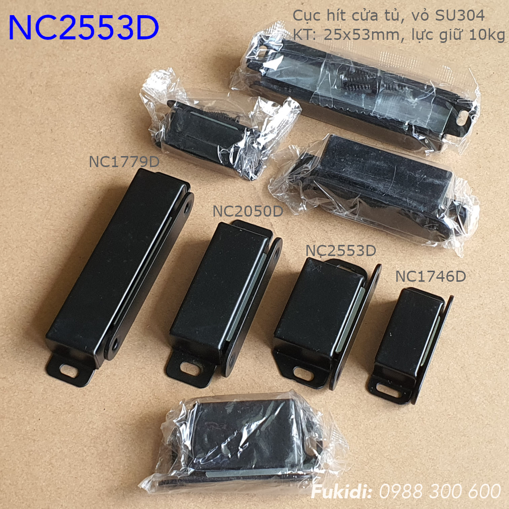 Bốn kích thước của cục hít cửa vỏ inox 304 màu đen có mã là NC1746D, NC2553D, NC2050D và NC1779D