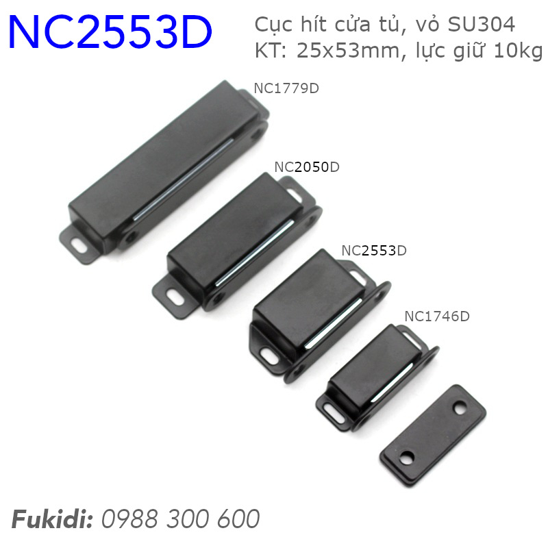 Bốn kích thước của cục hít cửa vỏ inox 304 màu đen có mã là NC1746D, NC2553D, NC2050D và NC1779D
