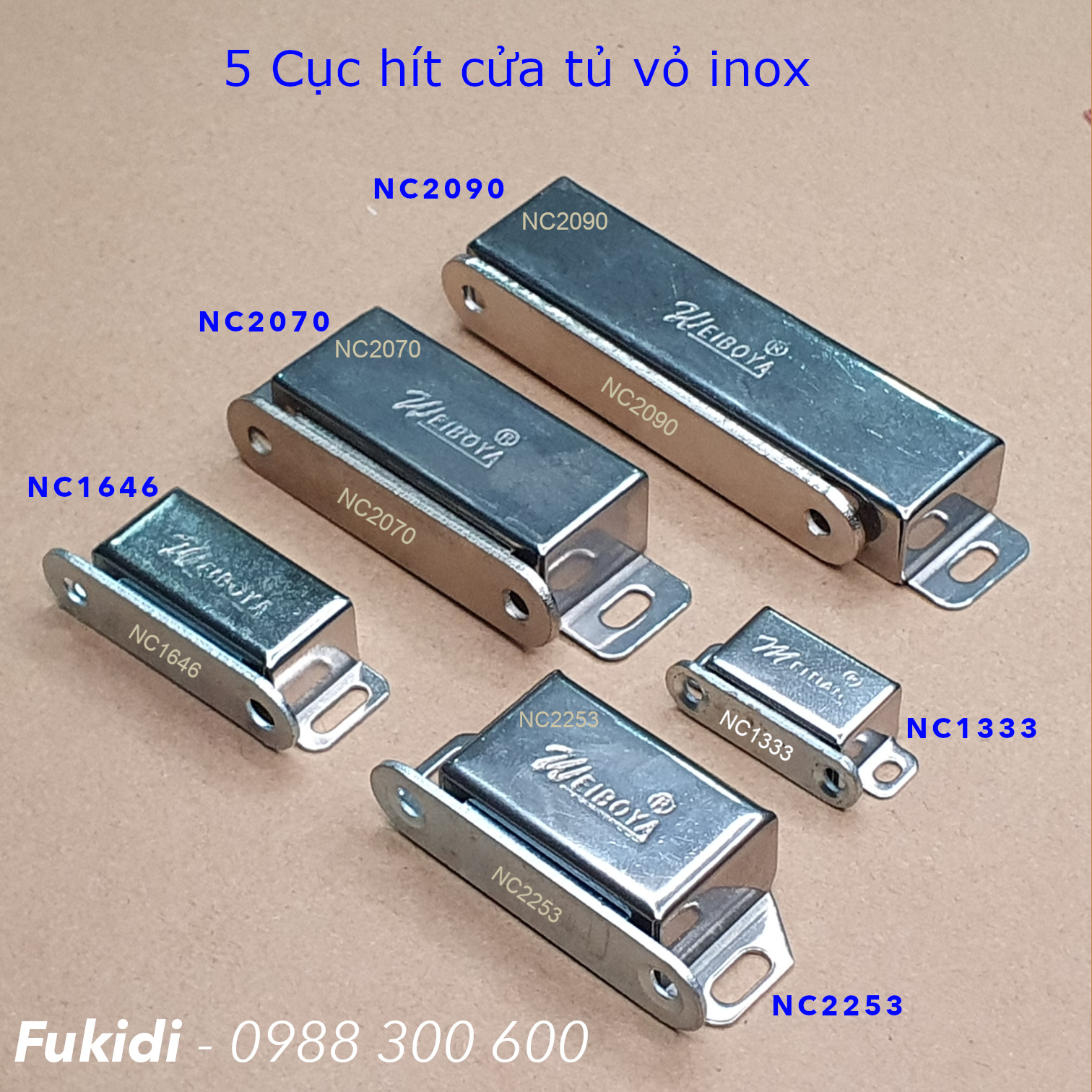 Sáu kích cỡ của cục hít cửa tủ vỏ inox bóng như hình