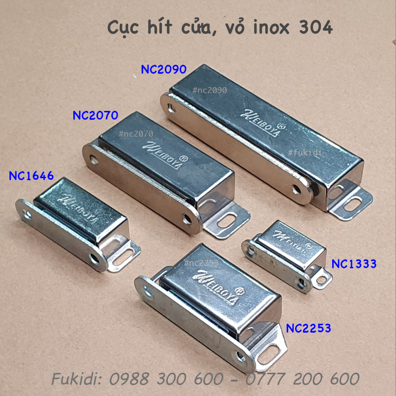 Sáu kích cỡ của cục hít cửa tủ vỏ inox bóng như hình