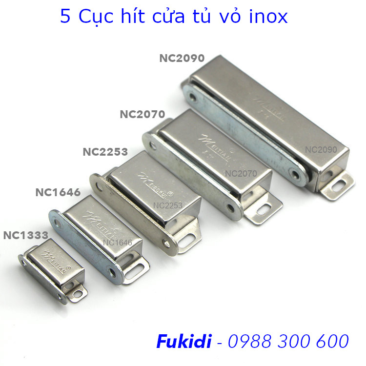 Sáu kích cỡ của cục hít cửa tủ vỏ inox bóng như hình