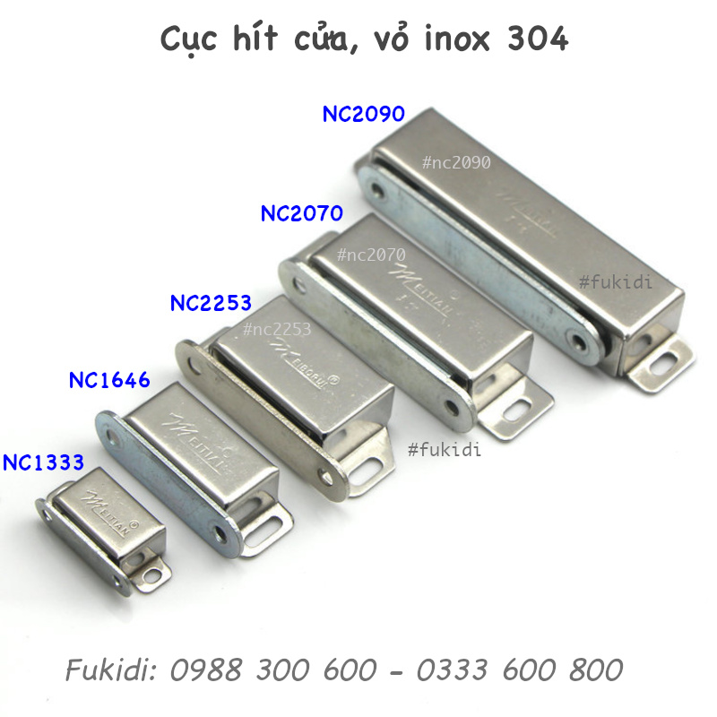 Sáu kích cỡ của cục hít cửa tủ vỏ inox bóng như hình