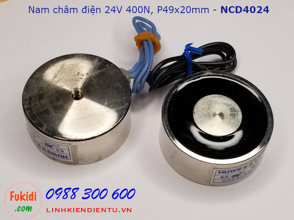 Nam châm điện HUWE điện áp 24V, lực hút 400N phi 49mm dài 20mm - NCD4024