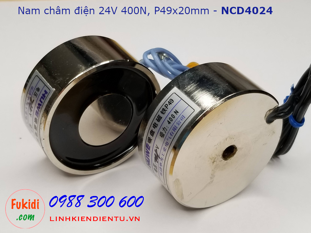 Nam châm điện HUWE điện áp 24V, lực hút 400N phi 49mm dài 20mm - NCD4024