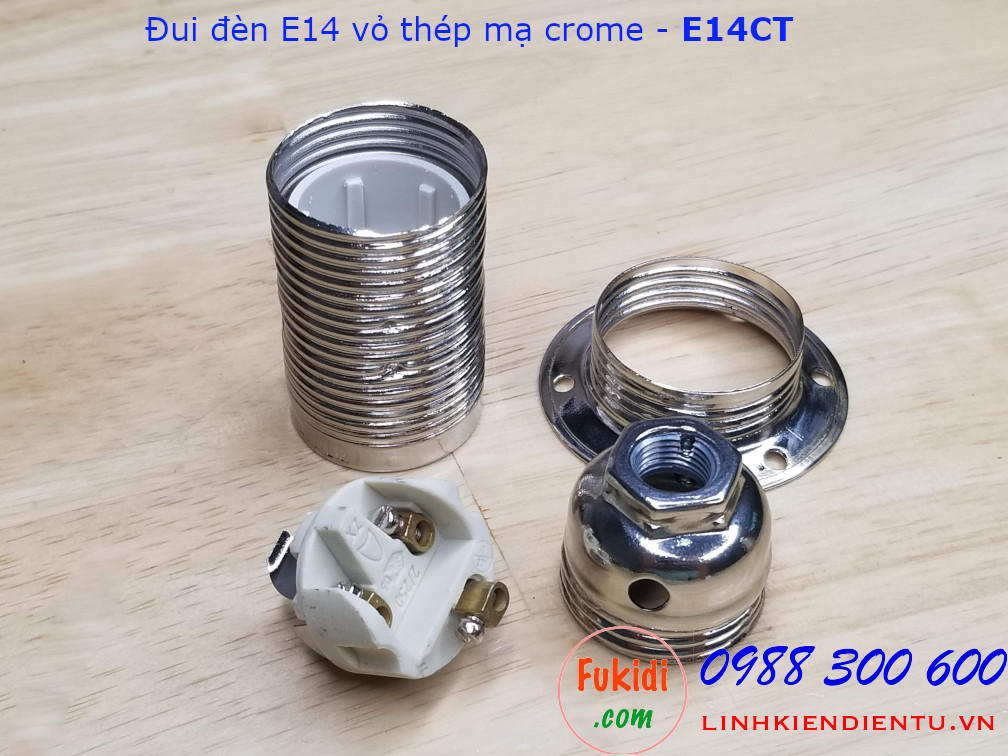 Đui đèn E14 vỏ thép mạ crome - E14CT