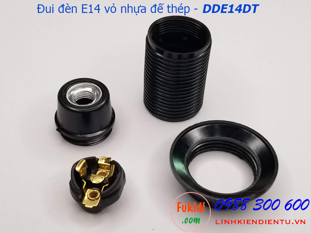 Đui đèn E14 vỏ nhựa đen đế kim loại - DDE14DT