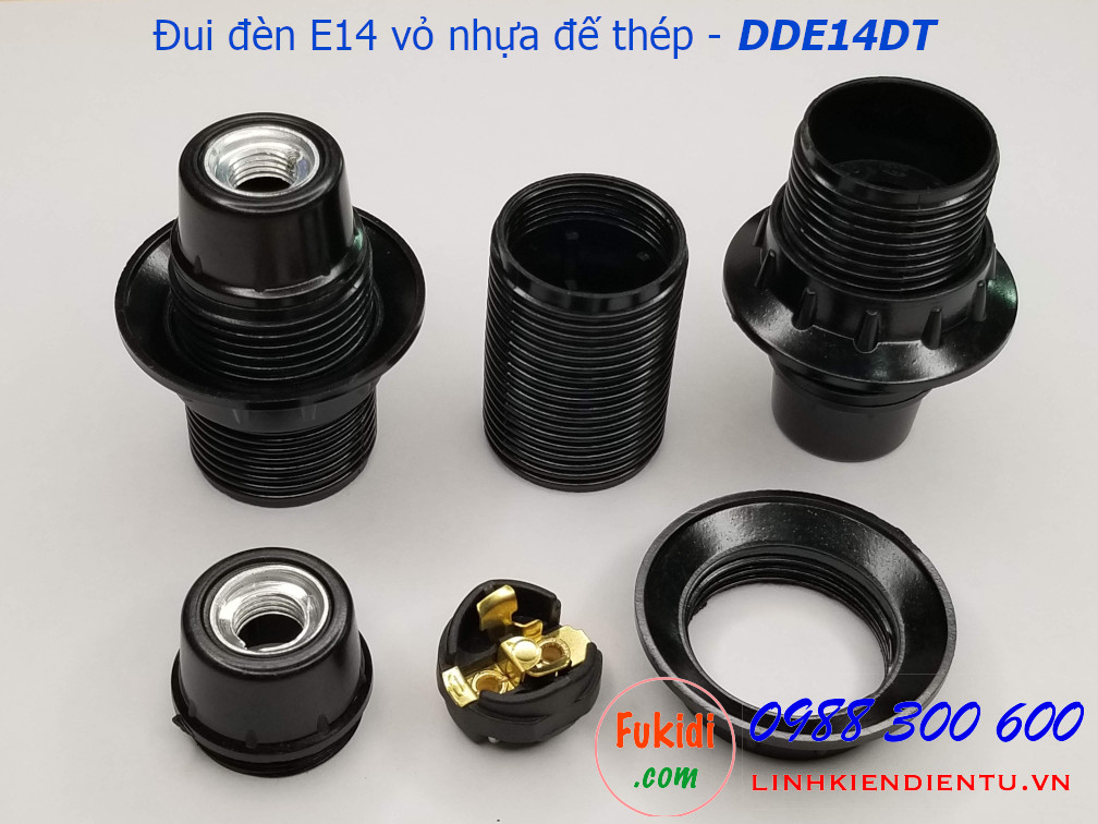 Đui đèn E14 vỏ nhựa đen đế kim loại - DDE14DT