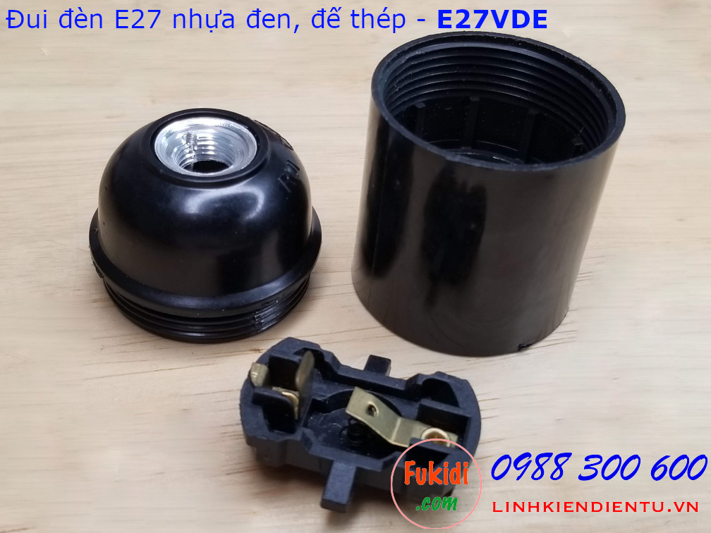 Đui đèn E27 vỏ nhựa màu đen đế kim loại - E27VDE