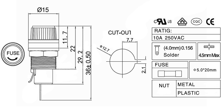 Hộp chứa cầu chì, đế cầu chì 5x20mm, công suất tối đa 15A 250V FU0520