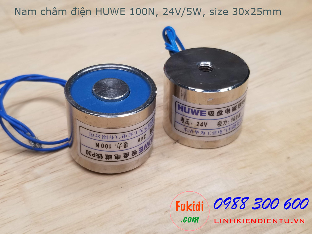 Nam châm điện HUWE 100N 24V 5W phi 30mm dài 25mm