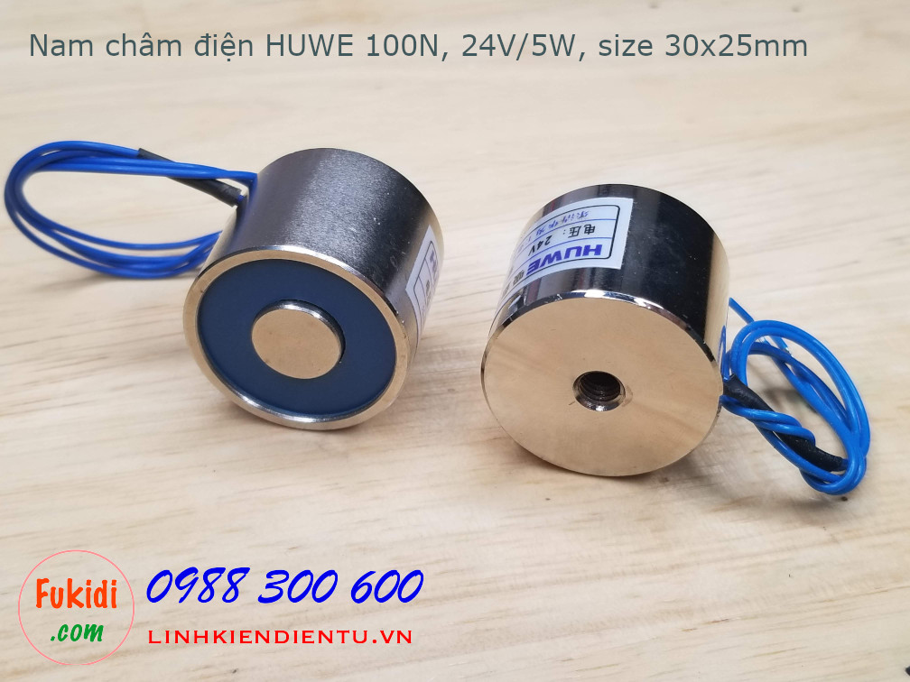 Nam châm điện HUWE 100N 24V 5W phi 30mm dài 25mm
