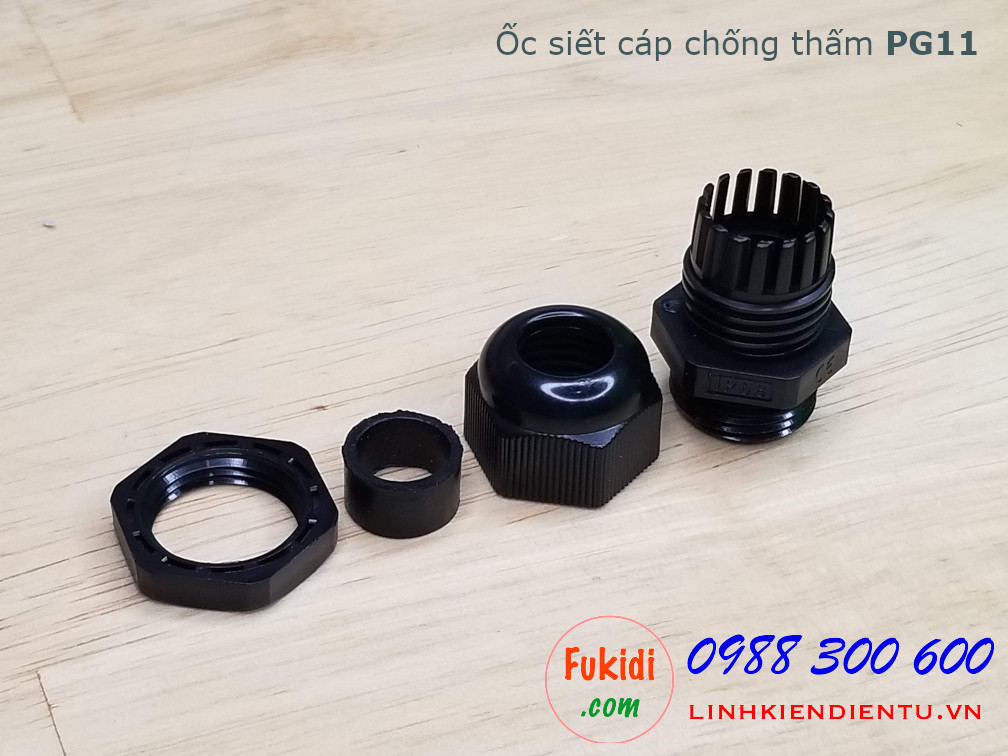 Ốc siết cáp bằng nhựa chống thấm PG11, màu đen 19mm, cáp 5-10mm