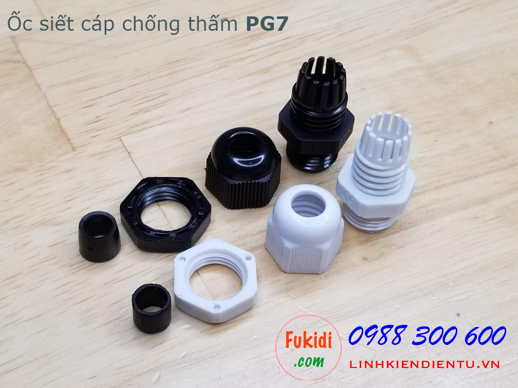 Ốc siết cáp bằng nhựa chống thấm PG7 màu đen, dùng cho dây điện có phi 3-6mm