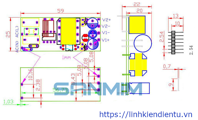 Module nguồn đôi 10W SANMIM 5V/1A và 24V/0.2A - kích thước