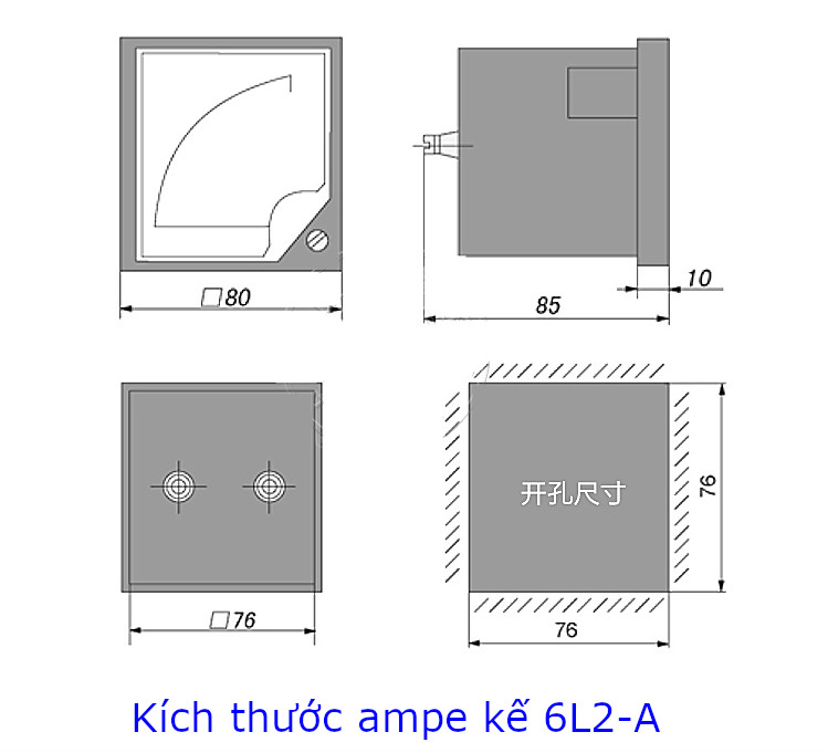 Ampe kế AC 6L2-A tầm đo 50A điện áp 2KV,  size 80x80mm - 6L2A50