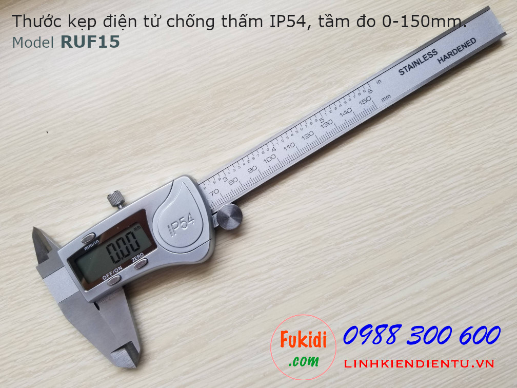 Thước kẹp điện tử RUF15, chống thấm nước IP54, chất liệu nhôm và thép không rỉ, tầm đo 0-150mm