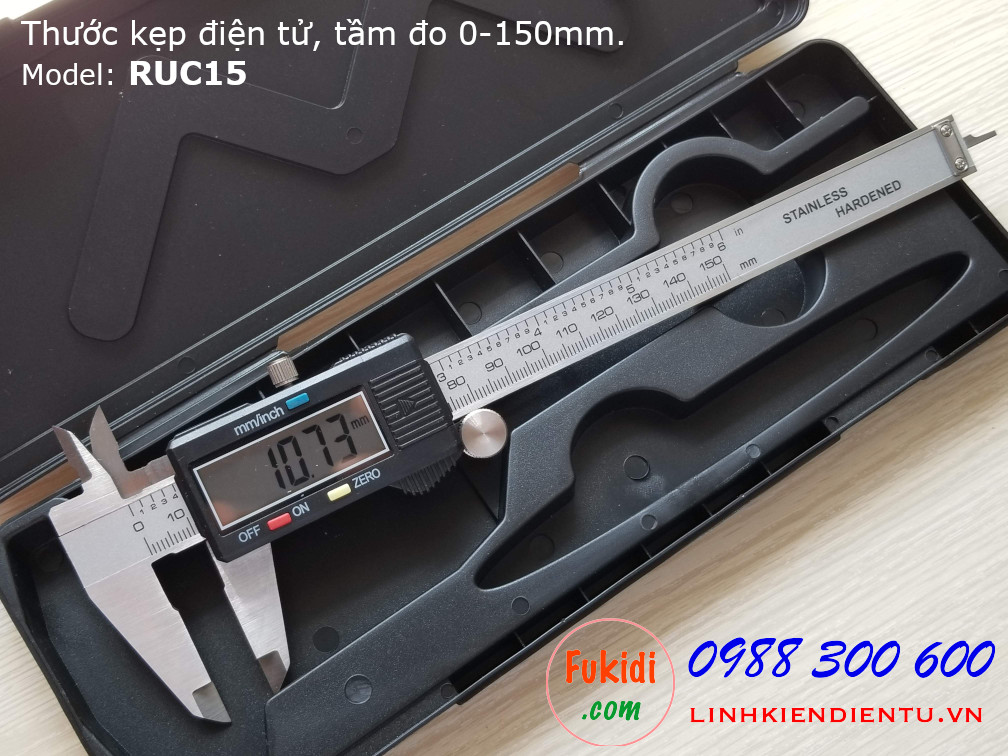 Thước kẹp điện tử RUC15, chất liệu nhựa và thép không rỉ, tầm đo 0-150mm