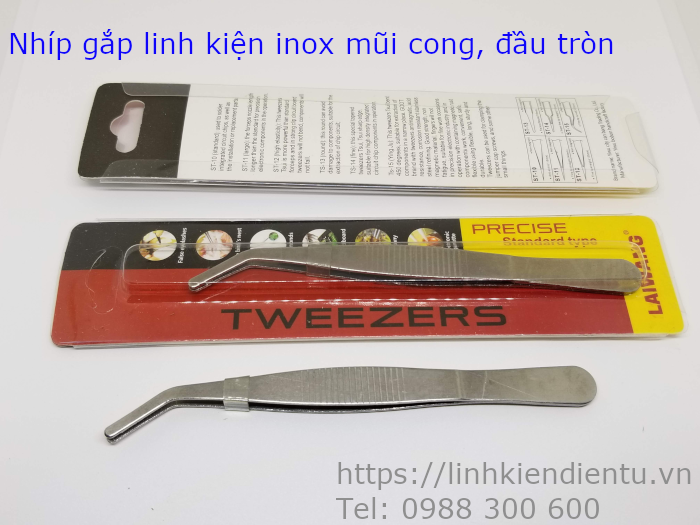 Nhíp gắp linh kiện inox LAIWANG đầu tròn, mũi cong dài 120mm