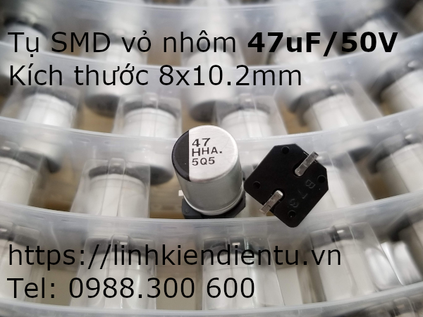 Tụ điện vỏ nhôm SMD 47uF/50V, 8x10.2mm