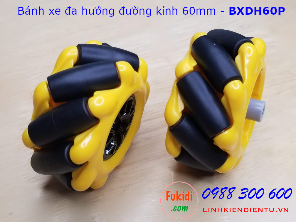 Bánh xe đa hướng omni nhựa màu vàng và đen đường kính 60mm - BXDH60P