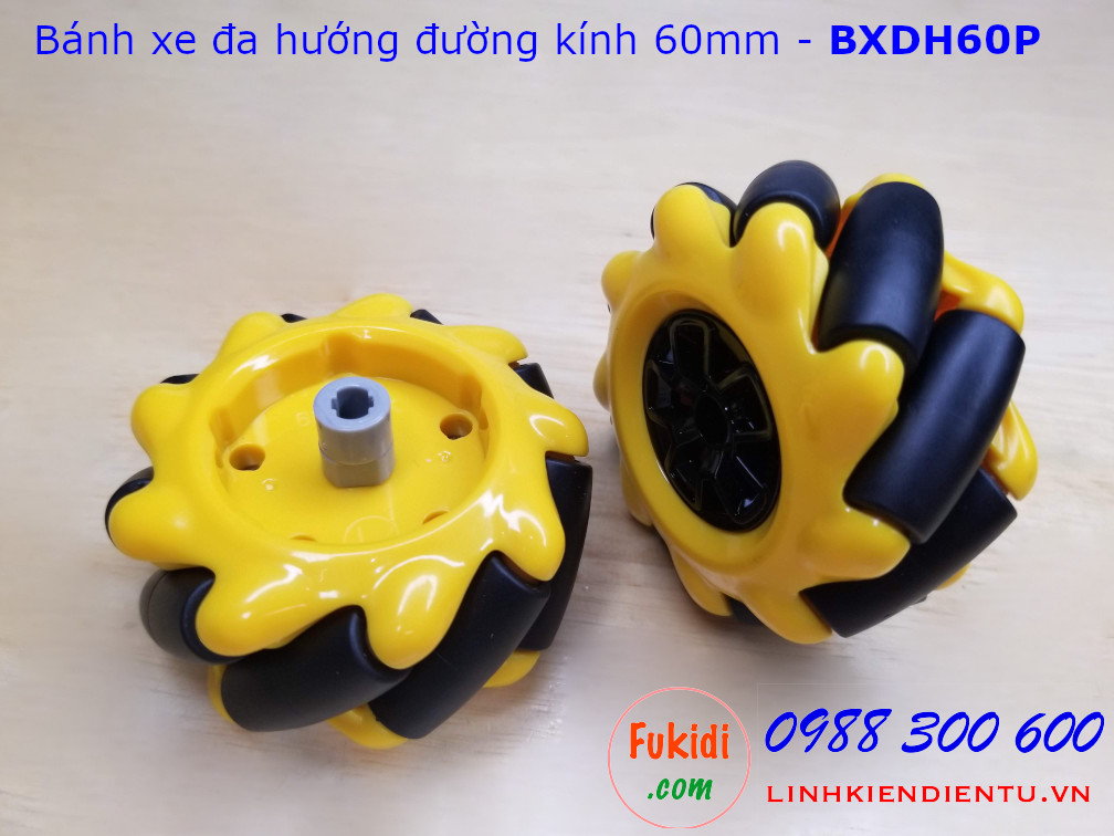 Bánh xe đa hướng omni nhựa màu vàng và đen đường kính 60mm - BXDH60P