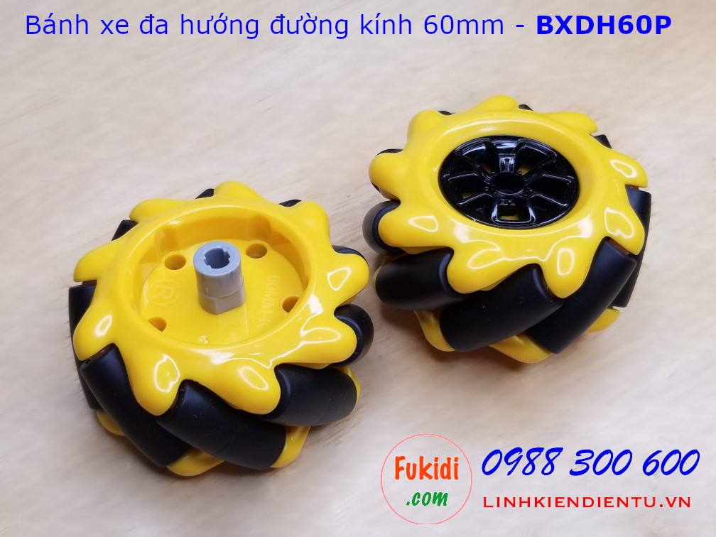 Bánh xe đa hướng omni nhựa màu vàng và đen đường kính 60mm - BXDH60P