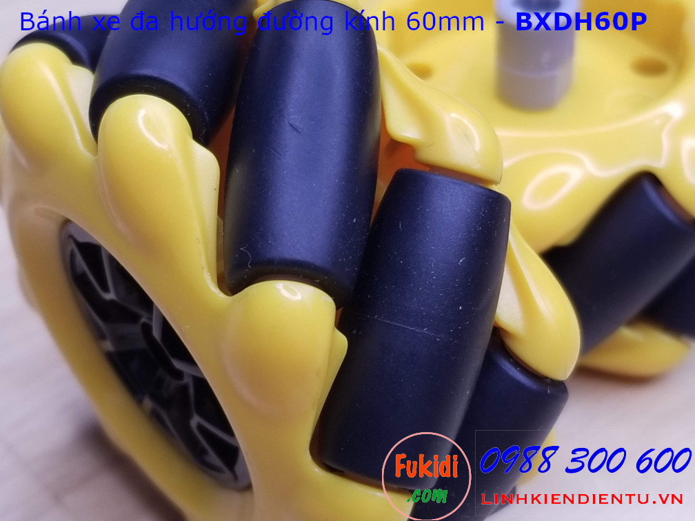 Bánh xe đa hướng omni nhựa màu vàng và đen đường kính 60mm - BXDH60P